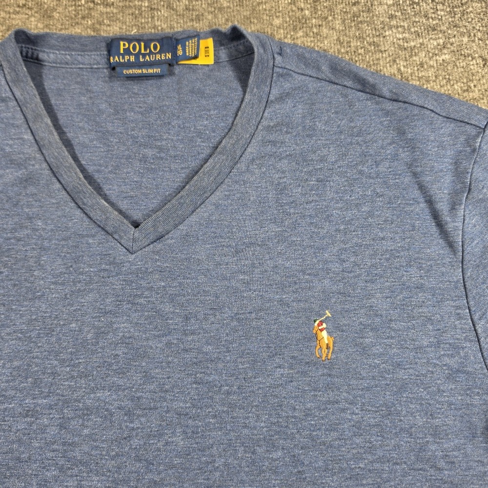 Polo Ralph Lauren Shirt Mens XL Blue Custom Slim Fit V Neck Flesh Pony Casual  T